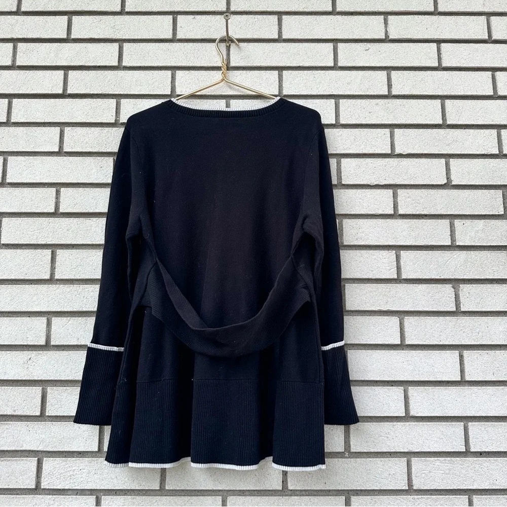 NIC+ZOE Black Knit Tunic Sweater L Off White Trim Cuffs Tie Back Layered Hem